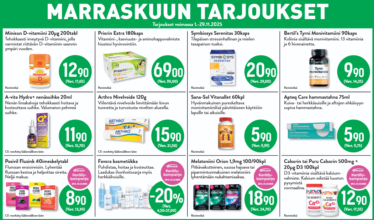 Kollaasi marraskuun tarjouksista apteekkituotteille. Vihreällä taustalla on useita tuoteruutuja, joissa näkyy tuotteiden kuvat, nimet, lyhyet kuvaukset, hinnat ja vertailuhinnat. Tarjoustuotteita ovat muun muassa Minisun D-vitamiini, Priorin Extra, Symbiosys Serenitas, Bertil’s Tyrni Monivitamiini, A-vita Hydra+ nenäsuihke, Arthro Niveivoide, Sana-Sol Vitanallet, Apteq Care -hammastahna, Posivil Fluzink, Favora kosmetiikka, Melatoniini Orion sekä Calsorin ja Puru Calsorin + D3. Yläreunassa lukee ’Marraskuun Tarjoukset – voimassa 1.–29.11.2025’.